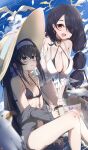  2girls bags_under_eyes bikini bird black_bikini black_hair blue_archive blue_sky blush breasts cleavage cloud collarbone commentary_request covered_navel feet_out_of_frame hair_over_one_eye halo hat highres hinata_(blue_archive) hinata_(swimsuit)_(blue_archive) keyfanjun large_breasts leaning_forward multiple_girls official_alternate_costume one-piece_swimsuit one_eye_covered red_eyes seagull signature sitting sky small_breasts smile straw_hat string_bikini sweatdrop swimsuit ui_(blue_archive) ui_(swimsuit)_(blue_archive) white_one-piece_swimsuit 