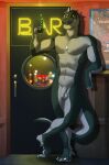  abs anthro arcticlion arm_support bar crossed_legs dinosaur dog_tags flaccid genitals hi_res humanoid_genitalia humanoid_penis leaning_on_elbow looking_at_viewer male muscular neon_sign penis reptile rocco_(tallion) scalie sign slim solo theropod toasting tyrannosaurid tyrannosaurus tyrannosaurus_rex yellow_sclera 