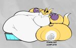  ambiguous_gender anthro bandai_namco belly big_belly big_breasts breasts chubby_cheeks digimon digimon_(species) double_chin english_text huge_breasts hyper hyper_belly hyper_breasts immobile morbidly_obese obese overhanging_belly overweight renamon smokii solo text thick_thighs 