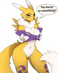  absurd_res anthro bandai_namco big_breasts black_sclera breasts canid canine clothing demontoid dialogue digimon digimon_(species) dipstick_ears dipstick_tail female fur genitals hi_res looking_at_viewer mammal markings multicolored_ears nude pussy renamon simple_background solo tail tail_markings text tuft white_body white_fur yellow_body yellow_fur 