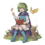  1girl :d belt bird blue_eyes blue_footwear blush_stickers book boots cape fire fire_emblem fire_emblem:_the_blazing_blade green_hair hairband highres holding holding_book long_sleeves nino_(fire_emblem) open_book open_mouth osushiyasan pouch purple_cape purple_hairband shirt short_hair simple_background sitting skirt smile solo white_background white_shirt white_skirt 