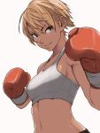  1girl bare_shoulders boxing_gloves breasts brown_hair collarbone commentary_request grey_background grey_eyes hair_between_eyes highres looking_at_viewer navel original parted_lips simple_background small_breasts solo testes thick_eyebrows upper_body v-shaped_eyebrows 