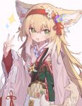  1girl animal animal_ear_fluff animal_ears apron arknights blonde_hair blush chinese_knot coin_purse commentary fang flower fox fox_ears fox_girl green_eyes hair_between_eyes hair_flower hair_ornament hairband highres japanese_clothes kimono layered_sleeves long_sleeves multicolored_hair nalphanne obi official_alternate_costume open_mouth pink_kimono pinwheel red_hairband sash simple_background skin_fang smile sparkle suzuran_(arknights) suzuran_(yukibare)_(arknights) two-tone_hair v waist_apron white_apron white_background white_hair wide_sleeves yagasuri 