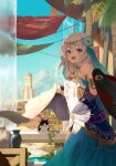  1girl absurdres ahoge arabian_clothes architecture azuuru bare_shoulders blue_eyes blue_flower blue_sky cloud cover cover_image dancer elaina_(majo_no_tabitabi) flower hair_between_eyes hair_flower hair_ornament highres holding holding_clothes long_hair looking_at_viewer majo_no_tabitabi middle_eastern_architecture multicolored_clothes navel novel_illustration official_art open_mouth outdoors sidelocks sky smile solo standing teeth textless_version tower upper_teeth_only vase white_hair 