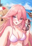  1girl absurdres animal_ears bare_shoulders bikini blue_sky breasts cloud collarbone commentary_request day eyewear_removed fox_ears genshin_impact hair_between_eyes hand_up highres holding holding_removed_eyewear large_breasts long_hair looking_at_viewer navel open_mouth outdoors pink_bikini pink_hair purple_eyes sky solo stomach sunglasses swimsuit upper_body uting very_long_hair yae_miko 