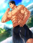  1boy abs alternate_costume bara black_male_swimwear coach domo_(domo_kizusuki) feet_out_of_frame from_below highres jammers large_pectorals male_focus male_swimwear muscular muscular_male nipples obliques original pectorals school short_hair sideburns smile solo stomach sunlight sweat thick_eyebrows thick_thighs thighs topless_male veins veiny_arms whistling 