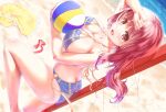  1girl :d ass beach beach_volleyball between_breasts bikini blue_bikini blush breast_press breasts brown_eyes brown_hair butt_crack cleavage clothes_removed commentary_request deep_skin dutch_angle etsunami_kumita feet_out_of_frame from_side halterneck harukana_receive highres large_breasts long_hair looking_at_viewer low-tied_long_hair o-ring o-ring_bikini o-ring_bottom oozora_haruka_(harukana_receive) open_mouth sand skindentation smile solo strap_gap swimsuit volleyball_net water 