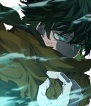  1boy aqua_eyes blurry blurry_foreground bodysuit boku_no_hero_academia bright_pupils cape cape_grab cel_shading clothes_grab covered_mouth eye_trail eyebrows_hidden_by_hair floating_clothes floating_hair freckles from_side gloves glowing glowing_eyes green_bodysuit green_hair hair_between_eyes hand_up head_down highres light_trail looking_ahead makuro male_focus midoriya_izuku official_alternate_costume scratches short_hair simple_background smoke solo spoilers torn_cape torn_clothes upper_body white_background white_gloves white_pupils yellow_cape 