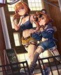  +_+ 2girls :t absurdres aged_down ahoge animal_ears bear_ears belt black_belt black_choker black_footwear black_socks blue_jacket blue_shirt blue_shorts boots breasts brown_hair burger choker commentary_request crop_top denim denim_shorts doughnut eating english_text eyewear_on_head food girls&#039;_frontline grizzly_mkv_(girls&#039;_frontline) grizzly_mkv_(teddy_transform!)_(girls&#039;_frontline) grizzly_mkv_(weekend_cop)_(girls&#039;_frontline) groin highres holding holding_food holding_hands indoors jacket kneehighs light_smile llpfmfc looking_to_the_side medium_breasts multiple_girls multiple_persona navel o-ring o-ring_thigh_strap off_shoulder official_alternate_costume orange_socks pink_wristband red-framed_eyewear red_eyes shirt short_hair short_shorts shorts smile socks thigh_strap time_paradox window yellow_shorts 