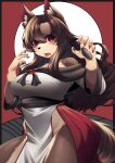  2023 5_fingers absurd_res anthro black_nose breasts brown_body brown_fur brown_hair canid colored_nails female fingerpads fingers fur hair hi_res humanoid_to_anthro kagerou_imaizumi looking_at_viewer mammal nails neko_kaminari80 open_mouth pawpads red_background red_eyes red_nails simple_background smile solo touhou 