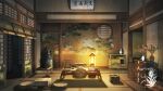  architecture armor artist_logo board_game book door east_asian_architecture flower go_(board_game) highres indoors japanese_armor katana lantern no_humans open_book open_door original scenery shouji sliding_doors sword table vase weapon xingzhi_lv 