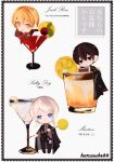 1boy 2girls black_coat black_eyes black_hair black_pants blonde_hair blue_eyes brown_sweater chopsticks closed_mouth coat cocktail_glass cup don_quixote_(limbus_company) drinking_glass faust_(limbus_company) food fruit glass highres holding holding_chopsticks lemon lemon_slice limbus_company long_sleeves looking_at_viewer martini multiple_girls necktie pants project_moon red_necktie short_hair smile sweater white_hair yakumineg1 yellow_eyes yi_sang_(limbus_company) 