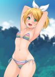  1girl :d armpits arms_behind_head arms_up bikini blonde_hair blurry blurry_background blush breasts cleavage collarbone commentary cowboy_shot day green_eyes groin hino_minato_(spec.c) kagamine_rin linea_alba looking_at_viewer multicolored_bikini multicolored_clothes multicolored_stripes navel outdoors rainbow_bikini short_hair short_ponytail side-tie_bikini_bottom single_bang small_breasts smile solo striped striped_bikini swimsuit teeth tongue tree upper_teeth_only vocaloid 
