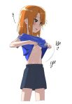  1girl blue_shirt blush breasts clothes_lift cropped_legs gengorou grey_eyes grey_shorts hot idolmaster idolmaster_cinderella_girls navel orange_hair parted_lips shirt shirt_lift shorts simple_background sketch small_breasts solo sweat t-shirt white_background yuuki_haru 