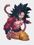  1boy abs black_hair body_fur dragon_ball dragon_ball_gt grey_background kemachiku looking_at_viewer male_focus medium_hair monkey_tail muscular muscular_male red_fur simple_background solo son_goku super_saiyan super_saiyan_4 tail 