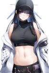 1girl bare_shoulders baseball_cap belt black_belt black_headwear black_shirt blue_archive blue_eyes blue_hair breasts chest_harness coat crop_top doyoon_7 halo harness hat highres long_hair looking_at_viewer medium_breasts midriff navel no_mask open_clothes open_coat saori_(blue_archive) shirt sleeveless sleeveless_shirt snap-fit_buckle solo stomach underbust upper_body white_background white_coat 