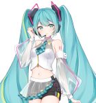  1girl alternate_costume aqua_eyes aqua_hair aqua_necktie arm_up bare_shoulders black_shorts cowboy_shot detached_sleeves drawing_kanon expressionless hatsune_miku headset highres long_hair midriff navel necktie parted_lips see-through shorts shoulder_tattoo solo tattoo twintails very_long_hair vocaloid white_background zipper 