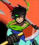  1boy axe black_gloves black_hair blue_bodysuit bodysuit collarbone dated dual_wielding getter_robo gloves glowing glowing_eye green_scarf grin holding holding_axe kedama_zero male_focus nagare_ryoma orange_background over_shoulder scarf shin_getter_robo sideburns signature smile solo spiked_hair weapon weapon_over_shoulder 