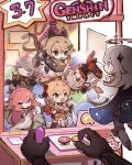  2boys 4girls absurdres alhaitham_(genshin_impact) animal_ears blonde_hair cat_ears cat_girl cat_tail chibi commentary crane_game genshin_impact green_eyes highres kaedehara_kazuha kirara_(genshin_impact) light_brown_hair multiple_boys multiple_girls nbb3 orange_eyes paimon_(genshin_impact) pink_hair purple_eyes red_eyes tail yae_miko yoimiya_(genshin_impact) 