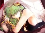  1girl agulo breasts cleavage commentary_request green_hair hair_ornament hair_over_one_eye highres hornet_(rance) large_breasts looking_at_viewer lying on_stomach one_eye_covered rance_(series) rance_10 sideboob solo 