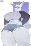  abs anthro big_breasts black_clothing black_jacket black_topwear bottomwear breasts chromapan clothing cutoffs denim denim_clothing eyewear female glasses grey_eyes hands_on_hips hi_res jacket long_sleeves looking_at_viewer navel shorts smile solo species_request thick_thighs topwear 