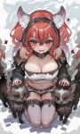  1girl animal animal_ear_fluff animal_ears black_collar black_hair breasts cleavage collar dog fangs hair_between_eyes highres large_breasts long_hair looking_at_viewer midriff mole mole_on_breast multicolored_hair navel open_mouth original red_eyes red_hair smile solo thighhighs thighs two-tone_hair voruvoru white_thighhighs 