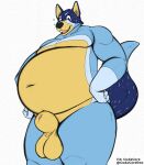  animal_genitalia balls bandit_heeler belly belly_inflation bloated bluey_(series) cudacore father_(lore) genitals hi_res inflation innie male mature_male navel parent_(lore) pinup pose sheath slightly_chubby 