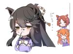  0_0 absurdres animal_ears black_hair blush bow clenched_hands closed_mouth crossed_arms ear_ornament highres horse_ears horse_girl long_sleeves meyan mochiyukimi21 mouth_hold narita_brian_(umamusume) open_mouth orange_hair purple_skirt red_hair sakura_laurel_(umamusume) school_uniform sidelocks simple_background skirt smile stalk_in_mouth tracen_school_uniform umamusume white_background white_bow winter_uniform 