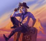  anthro belt blonde_hair boots clothing cougar desert explosives felid feline footwear fuzzle_(artist) gun hair handgun hat headgear headwear hi_res holster long_hair luke_(contritecougar) male mammal necktie pistol ranged_weapon smile solo spurs sunset tnt weapon western 