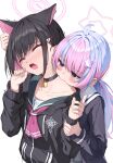  2girls absurdres animal_ears biting black_choker black_hair black_jacket blue_archive blush cat_ears choker closed_eyes collarbone colored_inner_hair green_sailor_collar grey_skirt hair_ornament hairclip halo highres hood hooded_jacket jacket kazusa_(blue_archive) kurone_(kurone_ryuo) long_hair long_sleeves multicolored_hair multiple_girls neck_biting neckerchief open_mouth pink_hair pink_halo pink_neckerchief purple_eyes purple_hair reisa_(blue_archive) sailor_collar short_hair simple_background skirt star_(symbol) star_hair_ornament twintails white_background yuri 