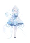  1girl air_bubble bare_shoulders blue_dress blue_eyes blue_hair blue_theme breasts bubble collarbone detached_sleeves dress flats full_body hair_over_one_eye highres jellyfish lama_064 light_blue_hair looking_at_viewer medium_hair original pantyhose puffy_sleeves ribbon see-through see-through_dress simple_background small_breasts solo standing tachi-e white_background white_pantyhose white_ribbon 
