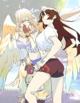  2girls ahoge animal_hands baseball_bat basket bikini bird_legs black_shorts bone_color919 breasts brown_eyes brown_hair brown_shorts cloud commentary_request feathered_wings feathers glasses hair_over_one_eye hand_on_own_hip harpy highres holding holding_baseball_bat holding_basket large_breasts long_hair midriff monster_girl multiple_girls navel neck_fur one_eye_covered open_mouth protagonist_2_(housamo) purple_bikini shirt shorts star_tattoo swimsuit tattoo tokyo_afterschool_summoners white_feathers white_shirt wings ziz_(housamo) 