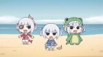  3girls :d arrow_(projectile) arrow_through_heart beach blue_hair blue_hoodie blue_sky blue_socks blush_stickers chibi cloud commentary day dinosaur_costume drawstring eyepatch fang fins fish_tail gawr_gura grey_hair heart highres hololive hololive_english hood hood_down hood_up hoodie horizon long_sleeves multicolored_hair multiple_girls multiple_persona ocean outdoors red_hair red_hoodie red_socks sand shark_tail sharp_teeth shoes sky sleeves_past_wrists smile socks streaked_hair tail teeth two_side_up virtual_youtuber water white_footwear yeqwep 