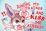  &lt;3 ambiguous_gender blue_background blue_eyes bow_(feature) command dialogue discocci eeveelution exclamation_point feral generation_6_pokemon looking_at_viewer nintendo open_mouth pink_body pink_ears pokemon pokemon_(species) red_text ribbons_(anatomy) simple_background solo sylveon text upset white_body 