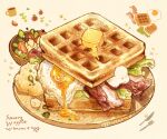  bacon butter cherry_tomato commentary cup dripping egg english_commentary english_text food food_focus fork highres knife lettuce mug nao_(bestrollever) onion original plate rabbit rabbit_tail sparkle star_(symbol) tail tomato tomato_slice waffle yellow_background 