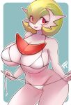  anthro big_breasts bikini breasts clothing female fullpillow_(artist) gardevoir generation_3_pokemon green_hair hair hi_res nintendo not_furry pokemon pokemon_(species) red_eyes simple_background solo swimwear white_body 