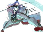  1girl adapted_turret asymmetrical_legwear black_necktie blue_hair boots breasts cannon gegeron grey_eyes headgear highres jacket kantai_collection large_breasts long_hair long_sleeves machinery mast multicolored_hair necktie pencil_skirt red_hair rigging shirt simple_background skirt smokestack solo south_dakota_(kancolle) turret white_hair white_shirt 