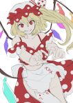  alternate_costume apron blonde_hair bow breasts bright_pupils cleavage clenched_teeth collarbone cowboy_shot crystal_wings flandre_scarlet flat_color grin hands_up hat heart heart_hands highres himuhino internet_survivor long_hair looking_at_viewer mob_cap red_eyes side_ponytail sketch slit_pupils smile teeth thighhighs touhou white_bow white_headwear white_pupils white_thighhighs 