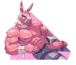 abs anthro anthrofied bottomwear clothed clothing color_wheel_challenge epic_games erection fortnite genitals hi_res lt._john_llama male muscular muscular_male nipples open_bottomwear open_clothing open_pants pants pecs penis pink_body simple_background solo topless topless_male voviat white_background 