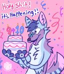  andromorph_(lore) anthro arm_tuft birthday birthday_cake blue_body blue_fur blue_hair cake canid canine cheek_tuft chest_tuft confetti confetti_streamer dessert elbow_tuft english_text facial_tuft food fox fur hair hi_res luckfoxo33 male mammal open_mouth open_smile pink_background purple_body purple_fur shoulder_tuft simple_background smile solo tail tail_motion tailwag text tolng trans_(lore) trans_man_(lore) tuft wide_eyed 