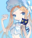  1girl abigail_williams_(fate) abigail_williams_(swimsuit_foreigner)_(fate) abigail_williams_(swimsuit_foreigner)_(third_ascension)_(fate) animal_on_shoulder arched_back bikini black_cat blonde_hair blue_background blue_eyes bow cat cat_on_shoulder chin_strap dot_mouth expressionless fate/grand_order fate_(series) forehead frilled_bonnet hands_up hat hat_bow highres long_hair looking_at_viewer nedoco parted_bangs sidelocks simple_background solo swimsuit upper_body white_bikini white_bow 