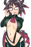  1girl adjusting_eyewear black_hair blue_eyes bodysuit breasts cahf/find cleavage cowboy_shot dragon_girl dragon_horns dragon_tail dragon_wings duel_monster glasses horns house_dragonmaid large_breasts latex latex_bodysuit looking_at_viewer navel open_mouth short_hair simple_background solo tail thighhighs unzipped white_background wings yu-gi-oh! zipper 