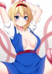  1girl alice_margatroid arms_up blonde_hair blue_dress blue_eyes blurry blush bound bound_wrists breasts depth_of_field dress frown hair_between_eyes hairband highres medium_hair red_hairband sash shinonome_asu short_sleeves simple_background spread_legs tentacles touhou white_background 