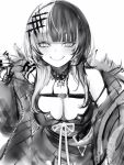  1girl absurdres breasts cleavage coat earrings fur_trim hair_ornament highres hololive hololive_english jewelry large_breasts looking_at_viewer medium_hair monochrome multicolored_hair nanashi_(nlo) off_shoulder shiori_novella simple_background smile solo two-tone_hair virtual_youtuber white_background 