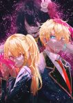  1boy 2girls blazer blonde_hair blue_eyes blue_jacket brother_and_sister closed_mouth collared_shirt dissolving film_grain frilled_gloves frills from_side gloves hair_between_eyes hair_ornament hair_ribbon hand_on_another&#039;s_head hands_up highres hoshino_ai_(oshi_no_ko) hoshino_aquamarine hoshino_ruby jacket long_hair long_sleeves looking_at_viewer mismatched_pupils mother_and_daughter mother_and_son multiple_girls necktie no_eyes one_side_up open_mouth oshi_no_ko pink_gloves pink_ribbon purple_hair rabbit_hair_ornament red_eyes red_necktie ribbon school_uniform shadow shirt short_hair siblings sidelocks smile sparkling_eyes st_ifku star-shaped_pupils star_(symbol) symbol-shaped_pupils teeth turtleneck twins twitter_username upper_body upper_teeth_only watermark white_shirt youtou_high_school_uniform 