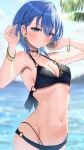  1girl bikini black_bikini blue_eyes blue_hair blue_sky bowsan bracelet breasts choker cleavage commentary day earrings hair_between_eyes highres hololive hoshimachi_suisei jewelry navel official_alternate_hair_length official_alternate_hairstyle parted_lips partially_submerged short_hair sky smile solo star_(symbol) star_in_eye stomach swimsuit symbol_in_eye virtual_youtuber wet 