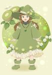  1girl arms_at_sides bisco_teitei brown_hair circle food food-themed_clothes food-themed_hat_ornament frills fruit full_body green_circle green_eyes green_footwear green_headwear green_robe hat hat_ornament highres jewelry kiwi_(fruit) kiwi_slice long_hair looking_at_viewer low_twintails necklace open_mouth original robe sidelocks simple_background smile solo standing straight-on twintails white_background wizard wizard_hat 