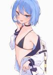  1girl absurdres airenif bikini black_bikini blue_eyes blue_hair blush flat_chest highres hololive hoshimachi_suisei jacket looking_at_viewer navel off_shoulder open_mouth short_hair simple_background solo swimsuit virtual_youtuber white_background 