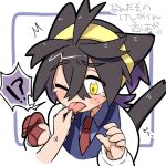  !? 1boy 1other ahoge anger_vein blue_shirt brown_hair collared_shirt colored_inner_hair commentary_request gloves hair_between_eyes hairband jacket kieran_(pokemon) kyouka._(kyouka) multicolored_hair necktie partially_fingerless_gloves pokemon pokemon_(game) pokemon_sv red_gloves red_necktie shirt single_glove tearing_up tongue tongue_grab tongue_out translation_request white_background white_jacket yellow_eyes yellow_hairband 