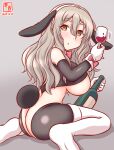 1girl alcohol animal_ears ass back blush bottle breasts brown_background brown_eyes crotchless crotchless_pantyhose cup drinking_glass drunk fake_animal_ears fake_tail frontless_outfit gradient_background grey_hair hair_between_eyes holding holding_bottle kanon_(kurogane_knights) kantai_collection large_breasts latex latex_legwear long_hair looking_at_viewer looking_back meme_attire one-hour_drawing_challenge open_mouth pantyhose playboy_bunny pola_(kancolle) rabbit_ears rabbit_tail revealing_clothes reverse_bunnysuit reverse_outfit sitting smile solo tail thighhighs wariza wavy_hair white_thighhighs wine_bottle wrist_cuffs 